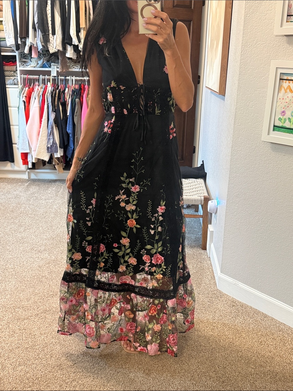 Vici Black Maxi Dress with Pink & Green Floral Embroidery